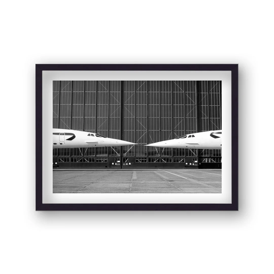 Vintage Black and White Photo 2 British Airways Concordes Nose to Nose by Vouvart - Picture Frame Photograph