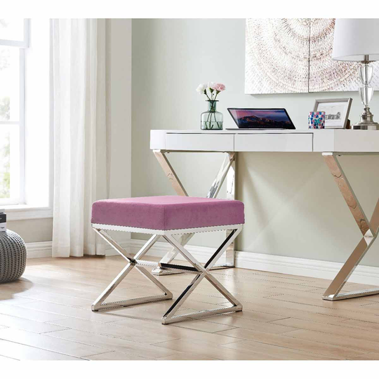 Furniture Box Oxford Modern Silver Chrome Metal And Velvet Luxury Upholstered Square Pink Seat Bench