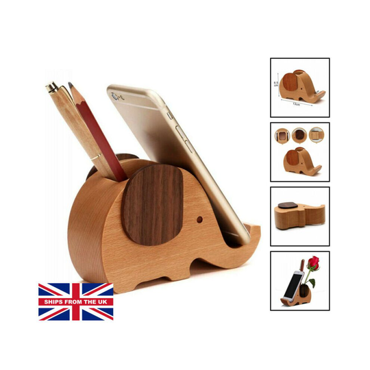 Elephant Shape Phone Holder Wooden Pen Pencil Holder Cute, Mini Delicate Wood