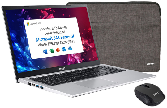 Acer Aspire 3 15.6in Celeron 4GB 128GB Laptop Bundle -Silver