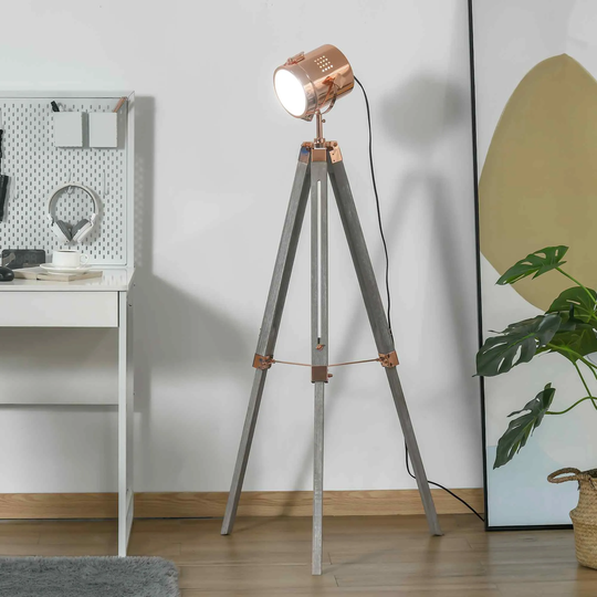HOMCOM Industrial Tripod Floor Lamp Height Adjustable Spotlight Rose Gold