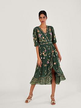 Monsoon Christel Sustainable Emb Wrap Dress - Green