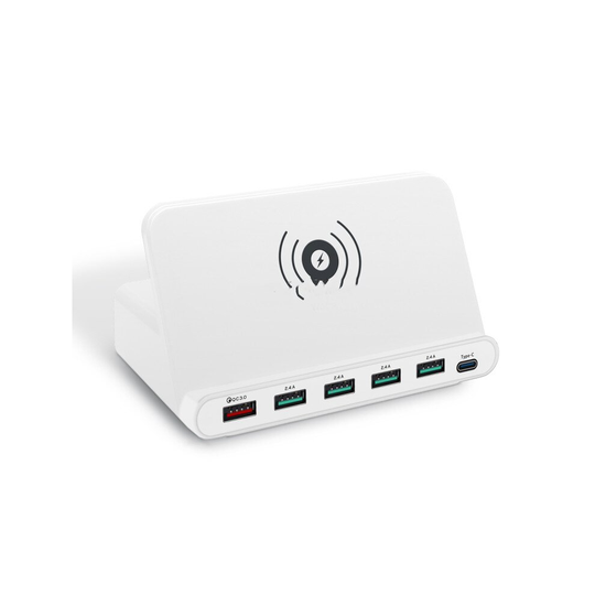 828W 7 in 1 60W QC 3.0 USB Interface + 4 USB Ports + USB-C / Type-C Interface + Wireless Charging Multi-function Charger with Mobile Phone Holder Func