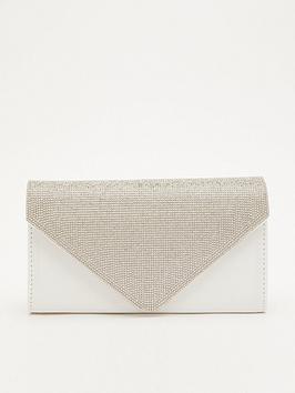 Quiz Satin Diamante Clutch Bag, White, Women