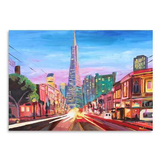 San Francisco Columbus St. with Cafe Vesuvio and Transamerica at Dawn 1 by M Bleichner - Unframed Painting Print on Paper