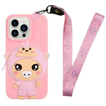 Cartoon Design iPhone 14 Pro TPU Case with Zipper Pocket - Pig