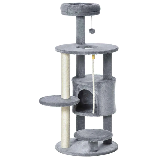 PawHut Cat Activity Center w/ Hanging Ball Toy and Teasing Rope - Grey