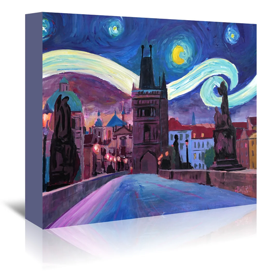 Starry Night in Prague - Van Gogh Inspirations on Charles Bridge in Czech Republic by Markus Bleichner - Wrapped Canvas Painting Print