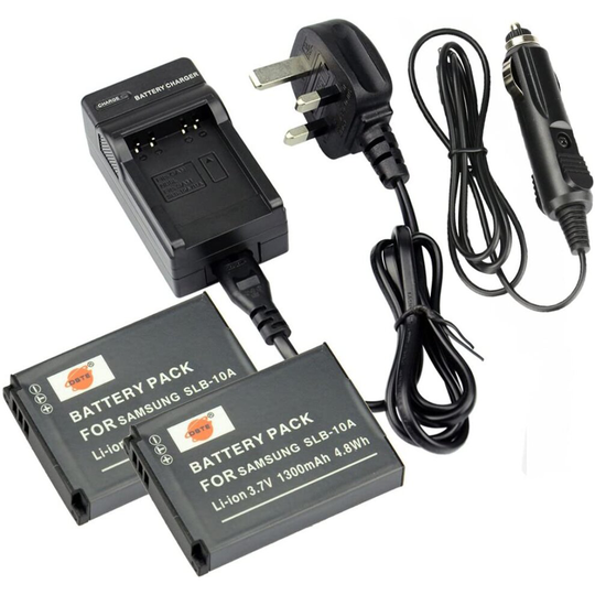 DSTE® 2x SLB-10A Rechargeable Li-ion Battery + DC23U Travel and Car Charger Adapter for Samsung P800 P1000 PL50 PL51 PL55 PL60 PL65 PL70 SL102 SL202