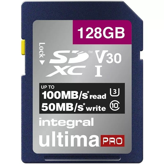 Integral 128GB SD UHS-1 U3 V30 Read 100MBs /Write 50MBs