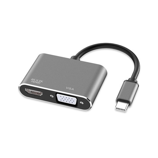 (Black) USB3.1 Type-c To HDMI + VGA Adapter AV Cable HD 4K 1080P