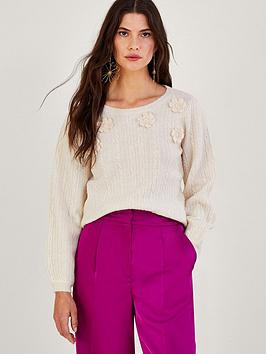 Monsoon Floral Applique Embroidered Jumper, White, Size S, Women