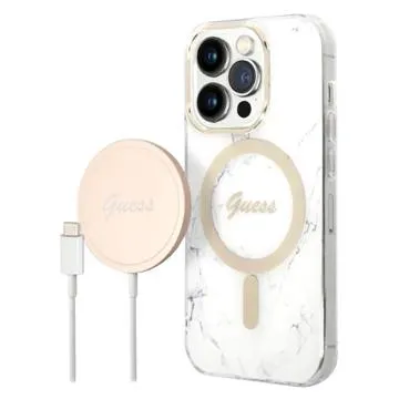 Guess Marble Edition Bundle Pack iPhone 14 Pro Max Case & Wireless Charger - White