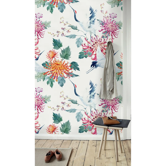 Arnesia Floral Crane Delicate Wallpaper