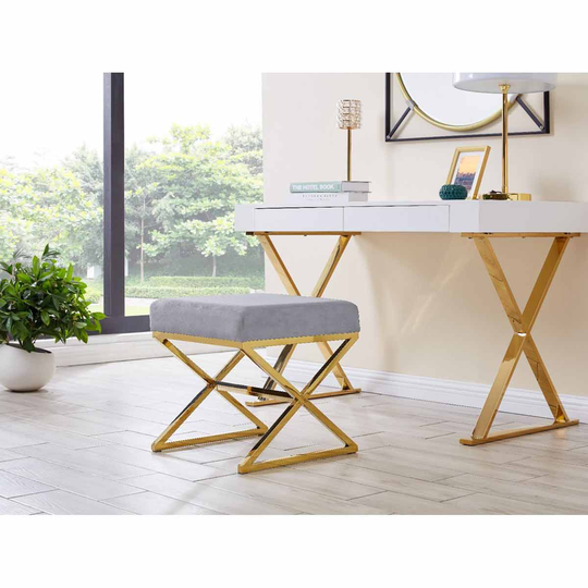 Furniture Box Oxford Modern Gold Metal And Velvet Luxury Upholstered Square Grey Seat Bench