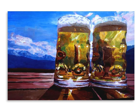 Two Beers with Mountains 2 by M Bleichner - Unframed Painting Print on Paper