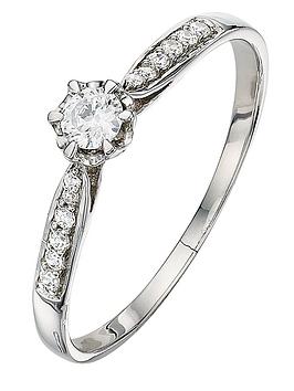 Love DIAMOND 9 Carat White Gold 20 Points Diamond Solitaire Ring with Diamond Shoulders, Size J, Women