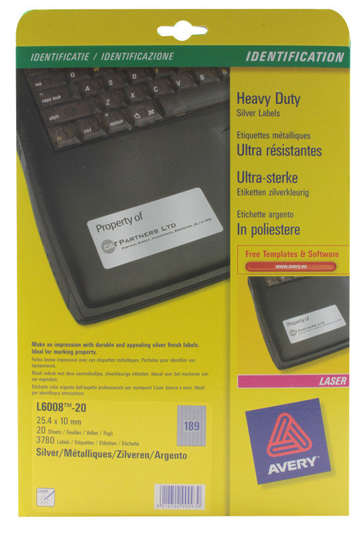 AVERY HDUTY LASER LBL SILVER 189X20SHTS