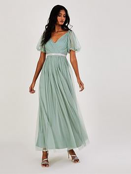 Monsoon Meghan Sustainable Mesh Maxi Bridesmaid Dress, Green, Size 6, Women