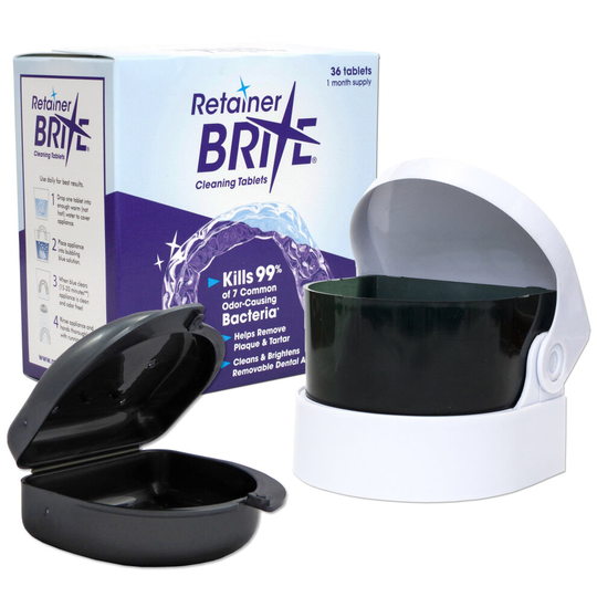 (Dark Grey) Retainer Brite, Sonic Cleaner & Case ~ Cleaning Tablets, Glitter or Pearl Box