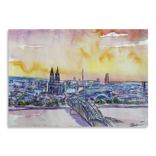 Cologne Deutz Bridge Sunset by M Bleichner - Unframed Painting Print on Paper