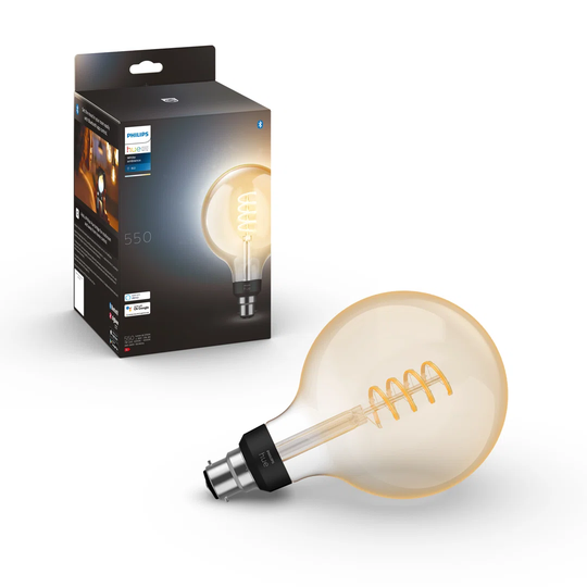 Philips Hue White Ambiance Filament Single Smart LED Large Globe B22 with Bluetooth - 550 Lumen