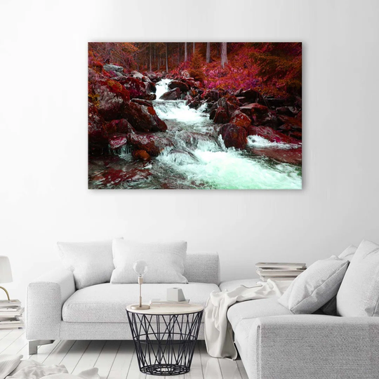 Canvas Print Mountain Stream Forest Red