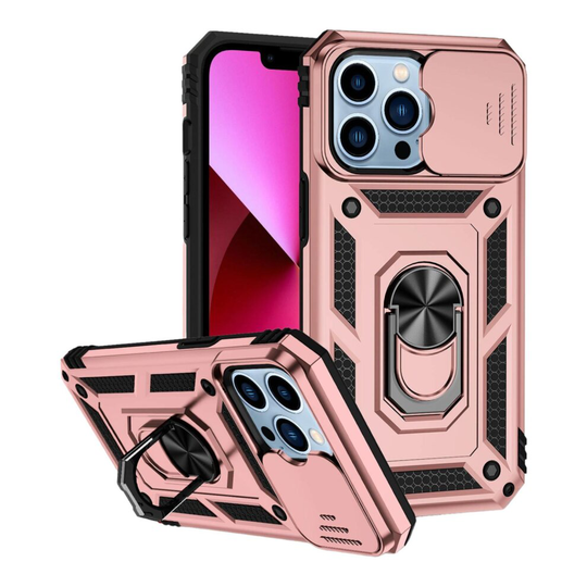 Compatible with iPhone 14 Pro - Pink Armoured Case With Ring Holder Stand Camera Shutter