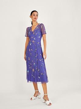 Monsoon Kathy Sustainable Emb Midi Dress - Blue, Blue, Size 8, Women