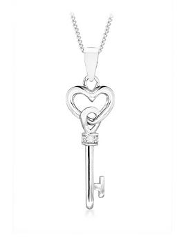 Love Diamond 9Ct White Gold Diamond Set Heart Key Pendant Necklace