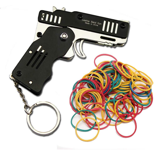 Zhou-long Rubber Band Gun Mini Metal Folding 6-Shot with Keychain and Rubber Band 100+