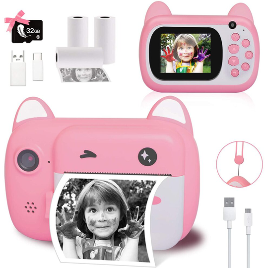 Instant Print Camera for Kids, Upgrade Selfie Kids Camera, Digital Zero Ink Video Camera with 3 Rolls Print Paper Camera, 1000 mAh, Dual Len