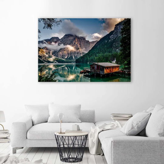 Canvas Print Hut At The Mountain Lake Dolomites