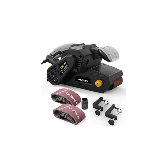 Jellas 750W Belt Sander 75533mm with 10Pcs Sanding Belts and Dust Bag, Bench Sander with Variable-speed Control, 2 in 1 Vacuum Adapter, 10Feet (3 m
