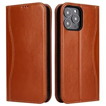 Fierre Shann iPhone 14 Pro Wallet Leather Case - Brown