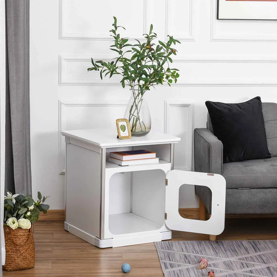 PawHut Wooden Cat Litter Box & Nightstand Cabinet w/ Magnetic Door - White