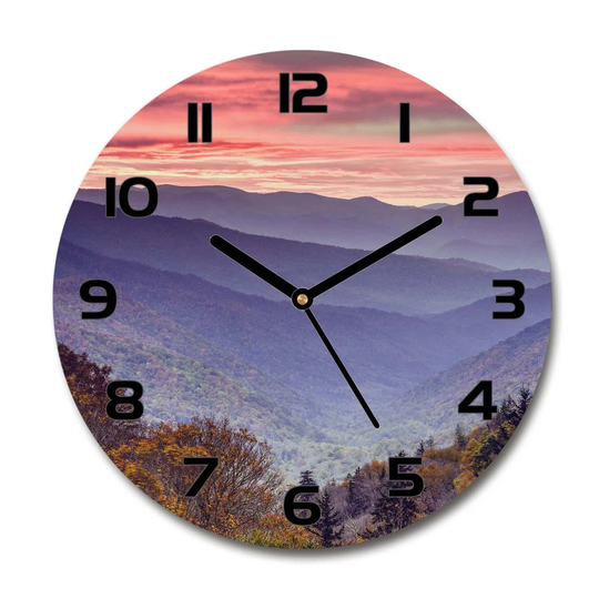 Glass Wall Clock 30Cm Round Decoration Picture Wall Art Modern Decoration Kitchen Living Room Silent - Sunset Mountains,67690811