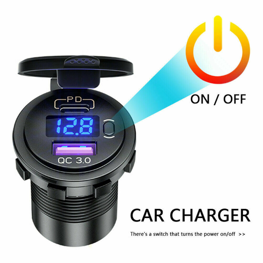 12V Type-C PD+USB Car Motorcycle Charger Socket Adapter Power Outlet