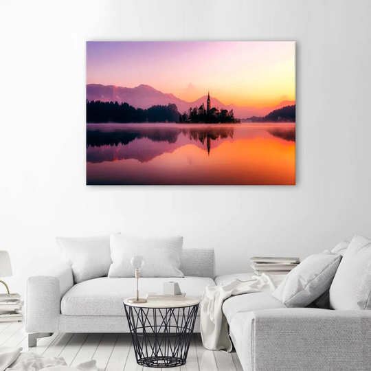 Canvas Print Mountain Lake Castle Purple