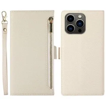 iPhone 14 Pro Wallet Case with Strap & Zipper - White