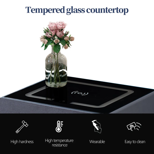 Bedside Table, Smart Night Stand With Wireless Charger, 3 Color Touch Control LED Light, Black