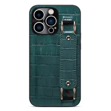 iPhone 14 Pro Coated Case with Hand Strap & Card Slot - Crocodile - Green