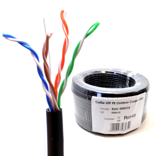 kenable External CAT5e Outdoor Use COPPER Ethernet Network Cable Reel UTP 50m Black