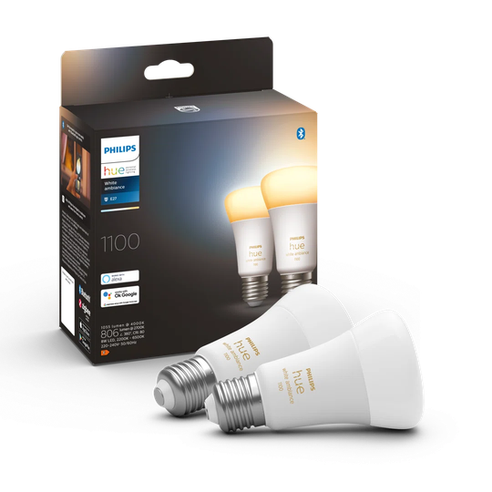 Philips Hue White Ambiance Smart Bulb Twin Pack LED E27 with Bluetooth - 1100 Lumen