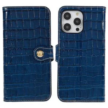 iPhone 14 Pro Max Wallet Leather Case - Crocodile - Blue