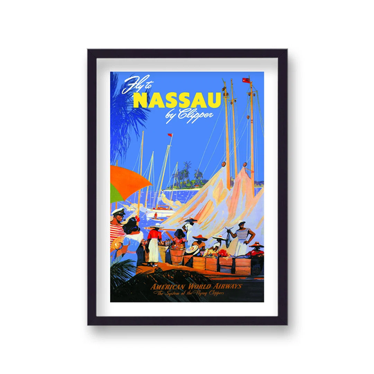 Vintage Travel Print American World Airways Fly To Nassau By Clipper