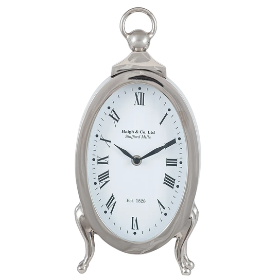 Celestial Silver Metal Oval Standing Table Clock