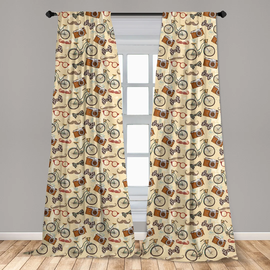 Brixley Hipster Gentleman's Vintage Accessories Bicycle, Camera, Bow Tie, Handlebar, Moustache Slot Top Room Darkening Curtains
