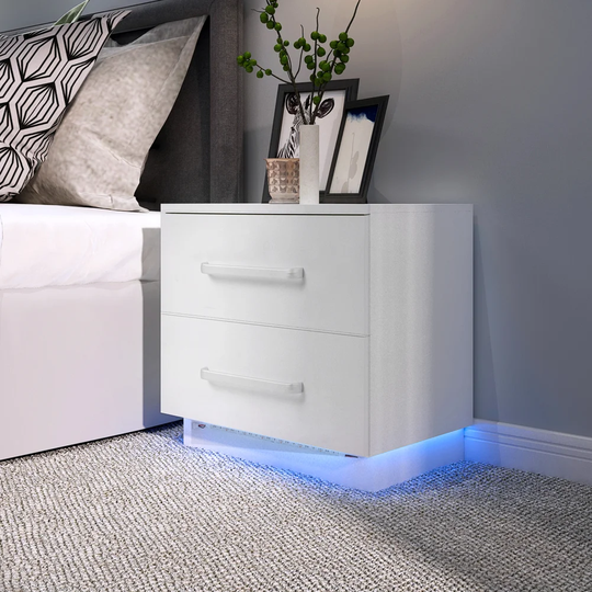 Modern Stylish 2 Drawers Bedside Cabinet With Led Blue Light High Gloss Front Panel For Bedroom(uk Plug 220v )