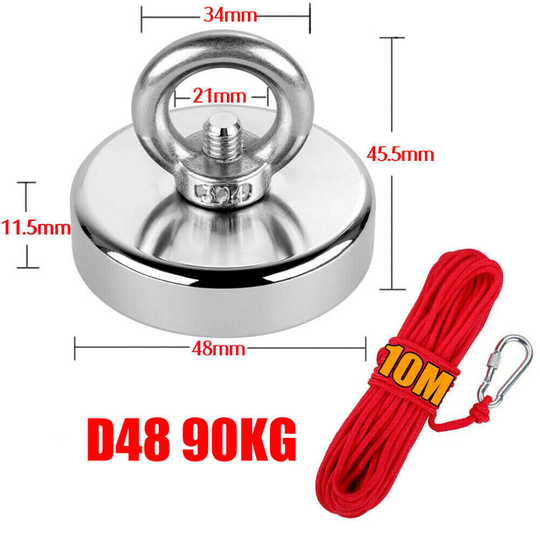(48MM-90KG+10m Rope) Magnet Fishing Kit with Rope 10M